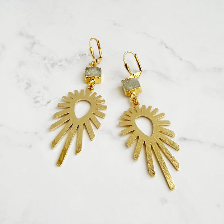 Gray Druzy Sunburst Statement Earrings in Brushed Gold