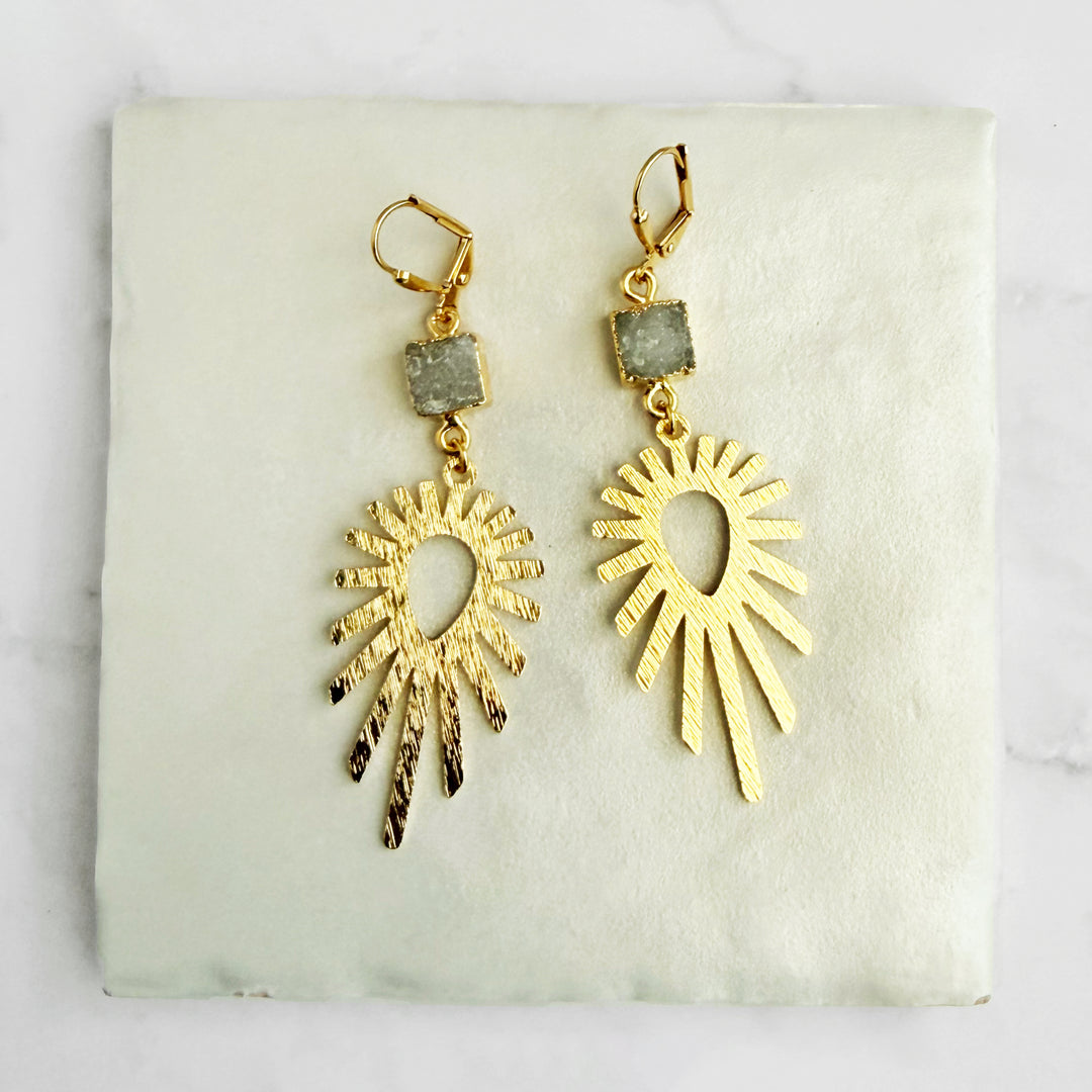 Gray Druzy Sunburst Statement Earrings in Brushed Gold