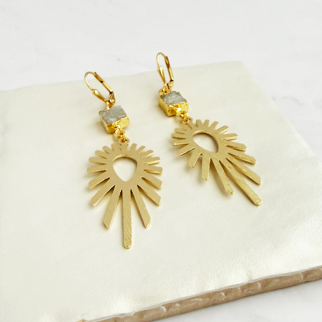 Gray Druzy Sunburst Statement Earrings in Brushed Gold