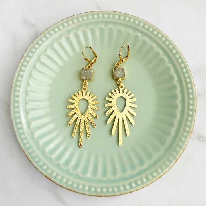 Gray Druzy Sunburst Statement Earrings in Brushed Gold