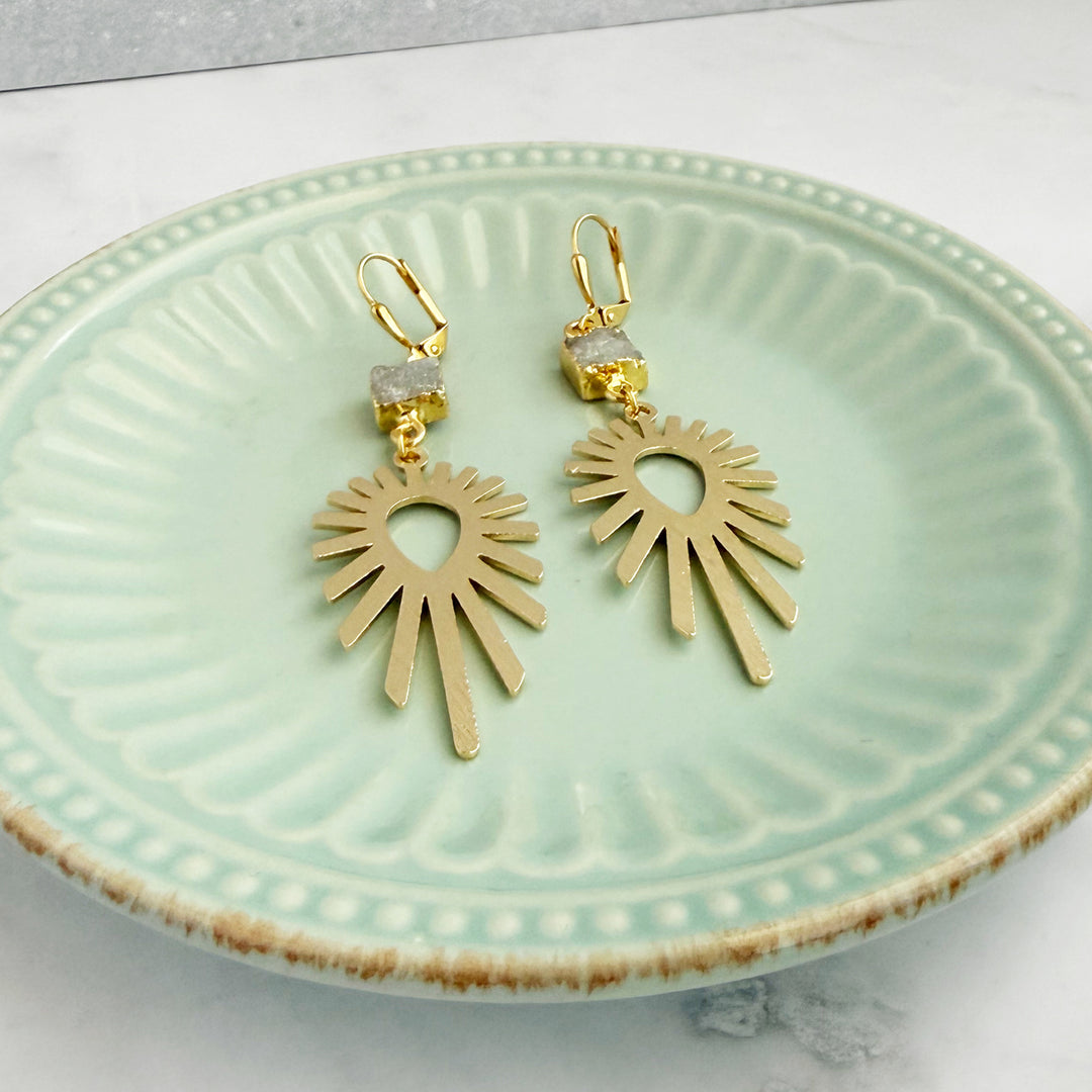 Gray Druzy Sunburst Statement Earrings in Brushed Gold