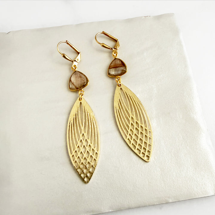 Rutilated Quartz Patterned Marquise Earrings in Brushed Gold