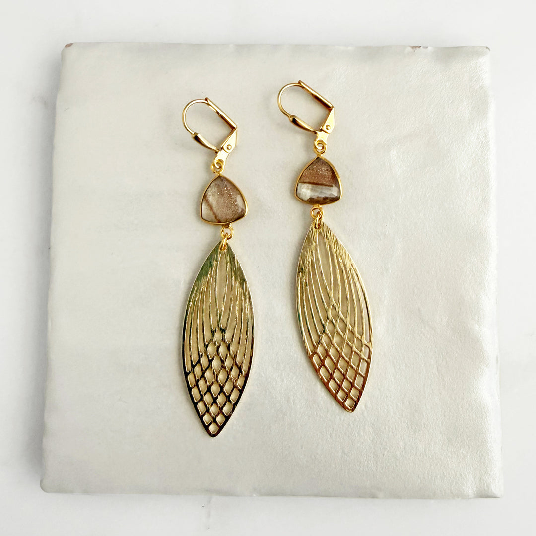 Rutilated Quartz Patterned Marquise Earrings in Brushed Gold