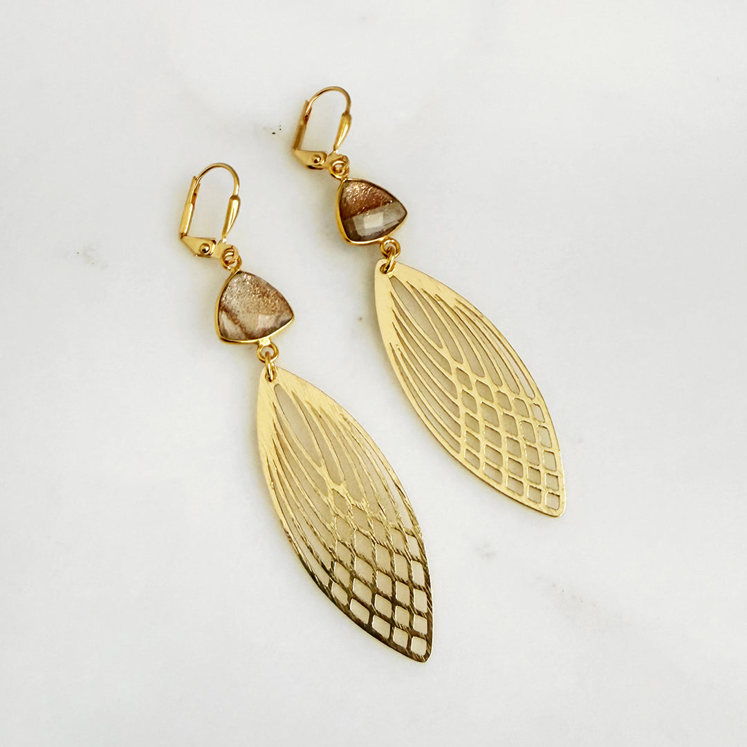Rutilated Quartz Patterned Marquise Earrings in Brushed Gold