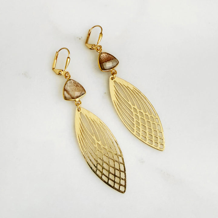 Rutilated Quartz Patterned Marquise Earrings in Brushed Gold