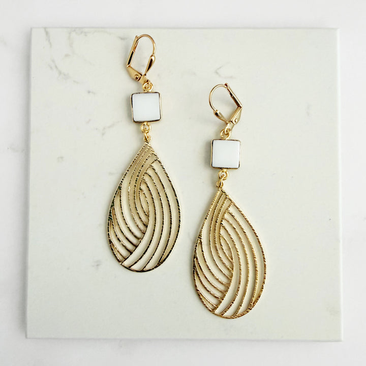 White Agate Swirl Teardrop Earrings in Brushed Gold