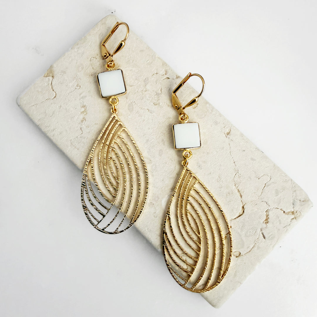 White Agate Swirl Teardrop Earrings in Brushed Gold