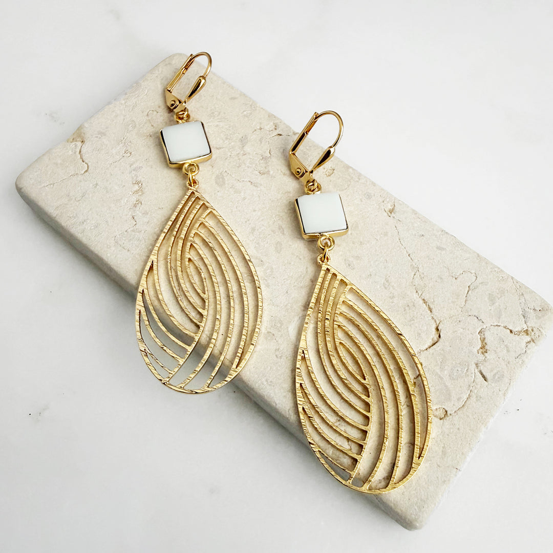 White Agate Swirl Teardrop Earrings in Brushed Gold
