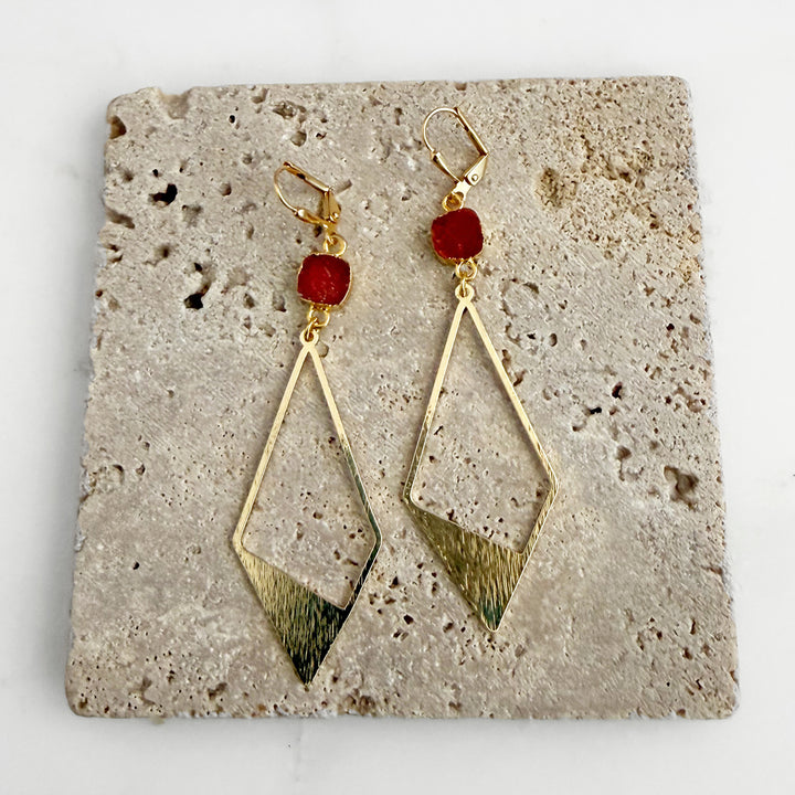 Orange Druzy Diamond Dangle Earrings in Brushed Gold