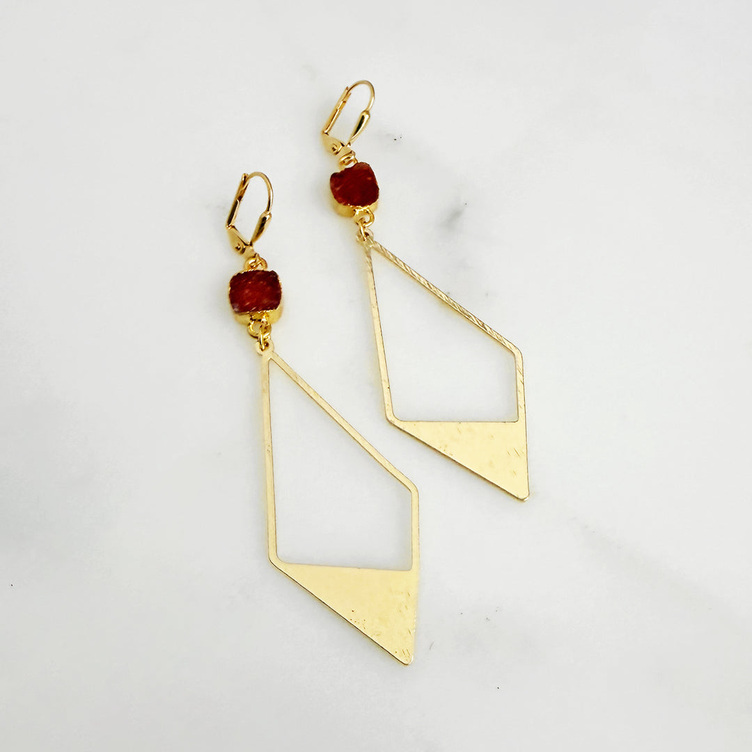 Orange Druzy Diamond Dangle Earrings in Brushed Gold