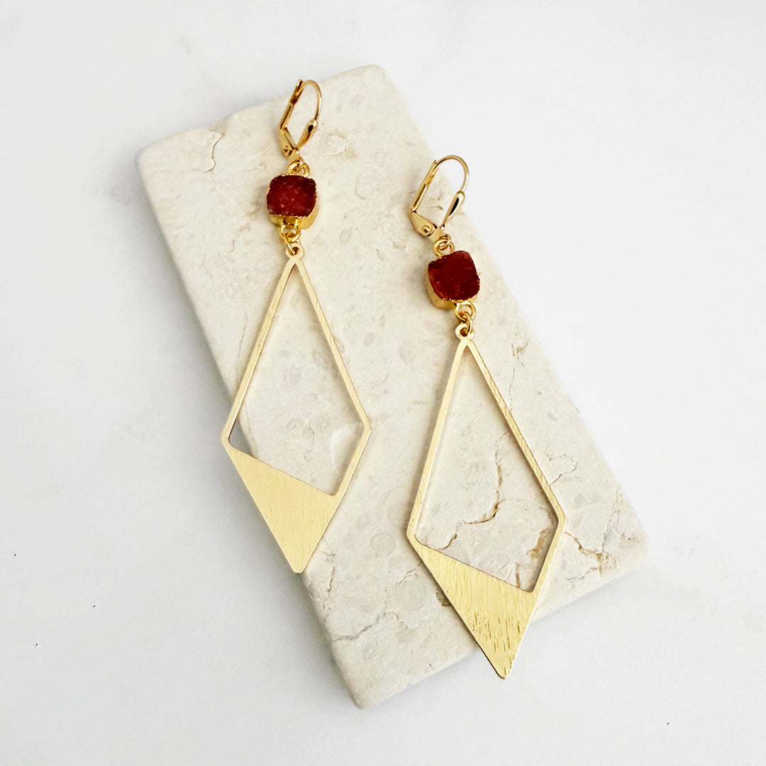Orange Druzy Diamond Dangle Earrings in Brushed Gold