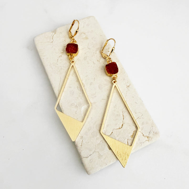 Orange Druzy Diamond Dangle Earrings in Brushed Gold