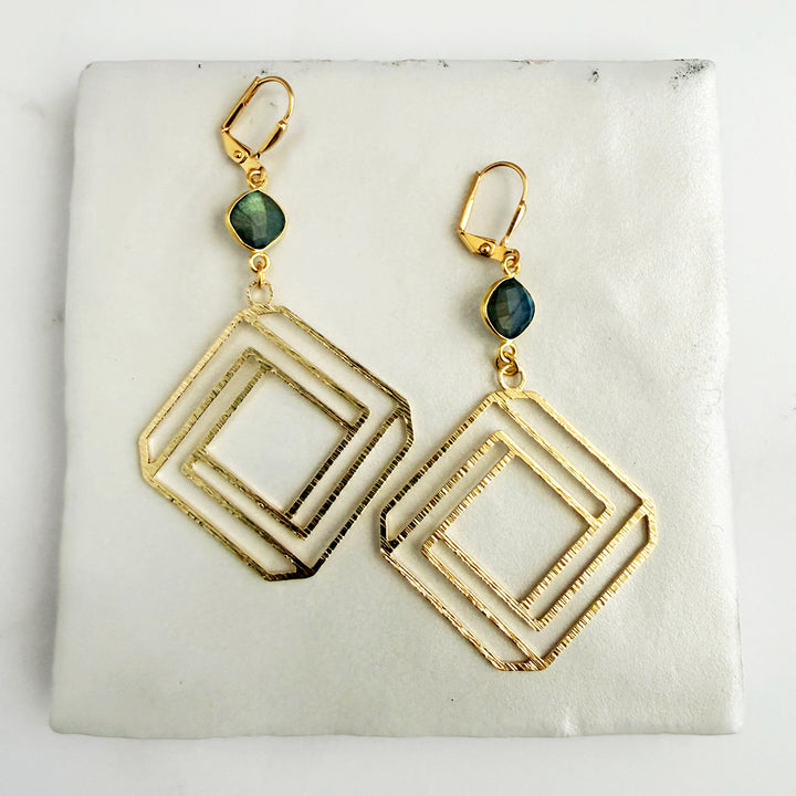 Labradorite Layered Square Earrings in Brushed Gold