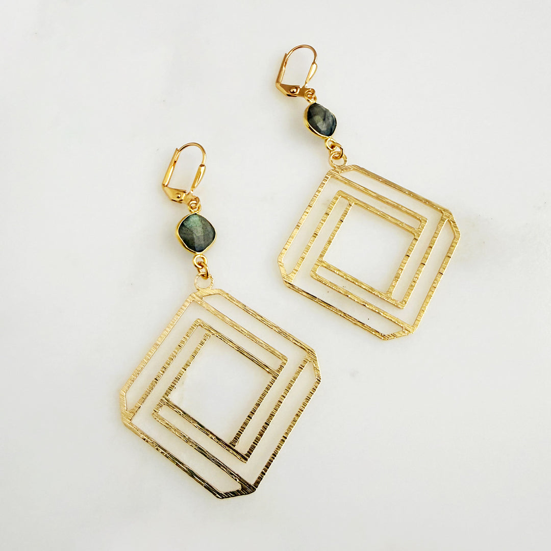 Labradorite Layered Square Earrings in Brushed Gold