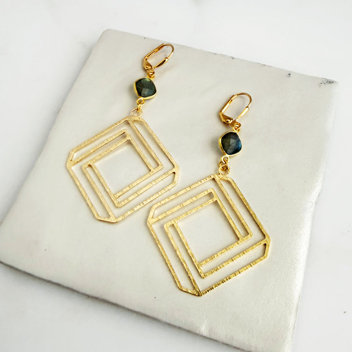 Labradorite Layered Square Earrings in Brushed Gold