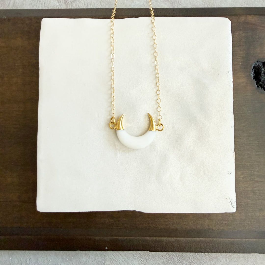 White Shell Crescent Necklace in Gold. White Horn Necklace.
