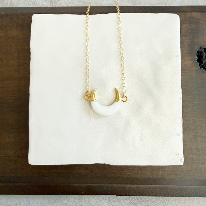 White Shell Crescent Necklace in Gold. White Horn Necklace.