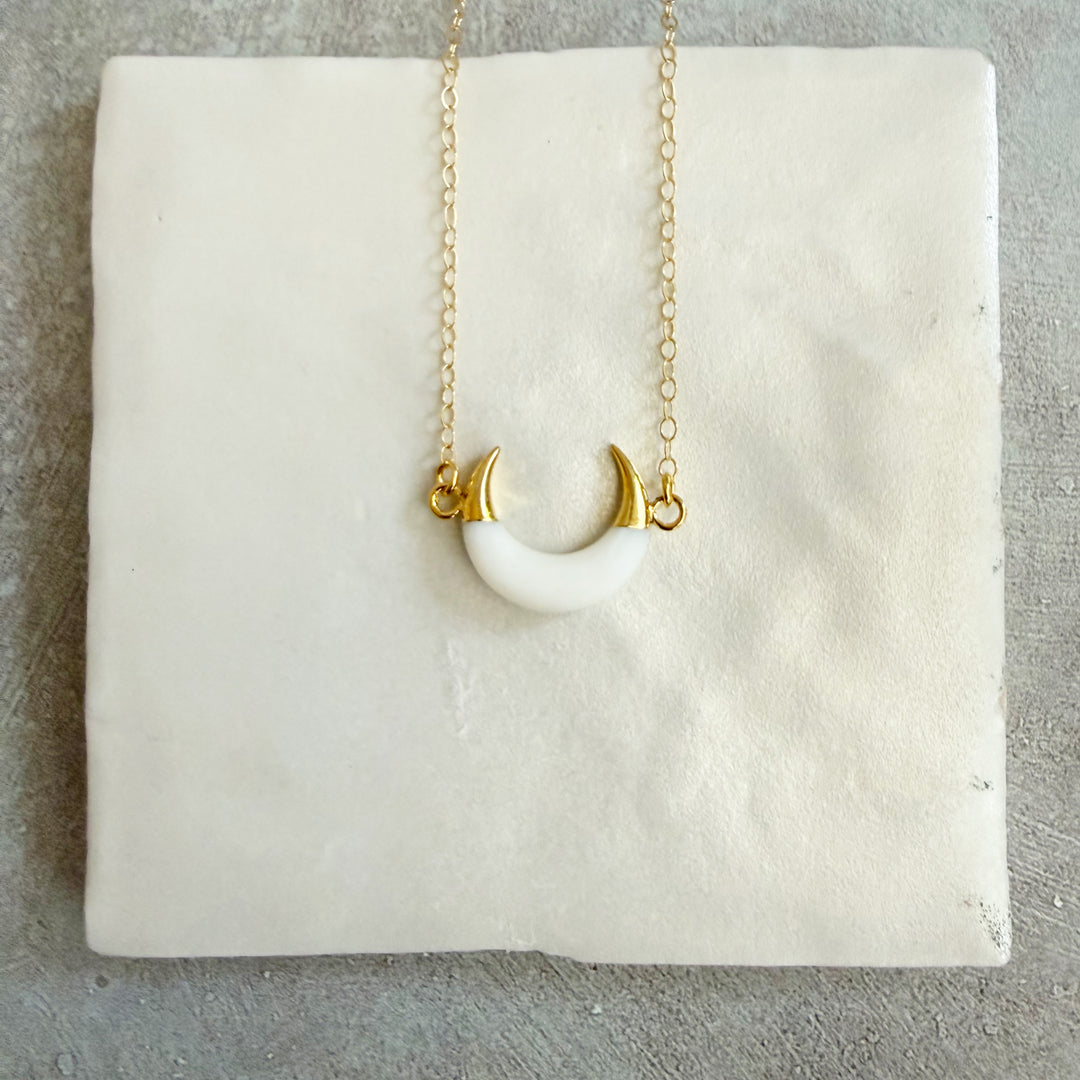 White Shell Crescent Necklace in Gold. White Horn Necklace.