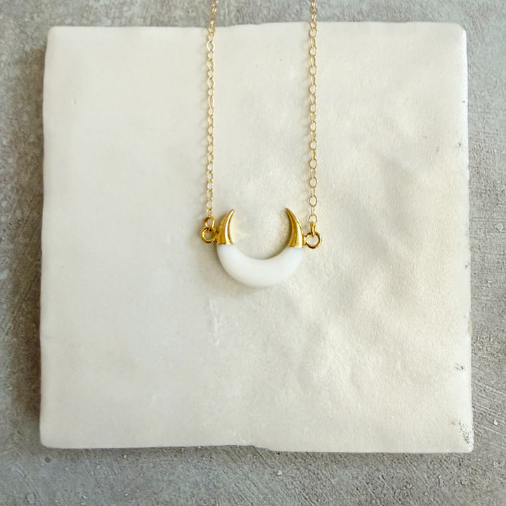 White Shell Crescent Necklace in Gold. White Horn Necklace.
