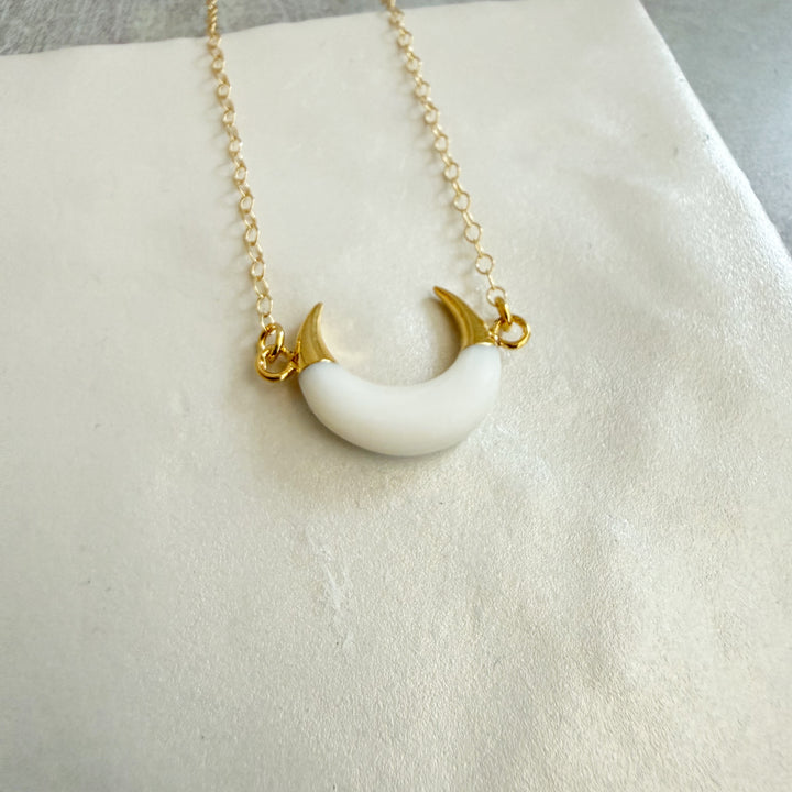 White Shell Crescent Necklace in Gold. White Horn Necklace.