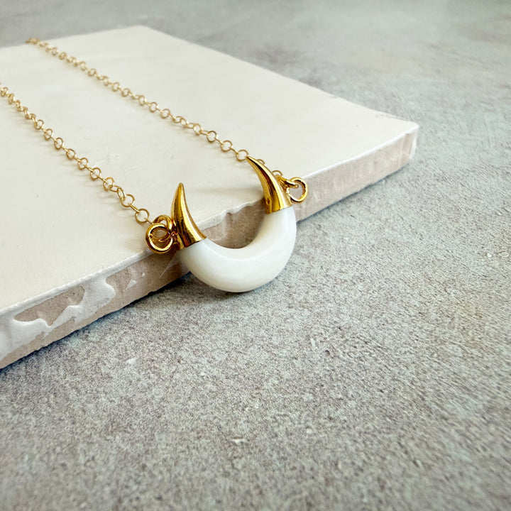 White Shell Crescent Necklace in Gold. White Horn Necklace.
