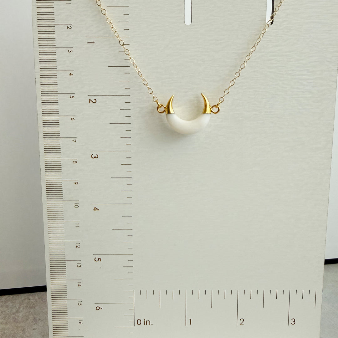 White Shell Crescent Necklace in Gold. White Horn Necklace.