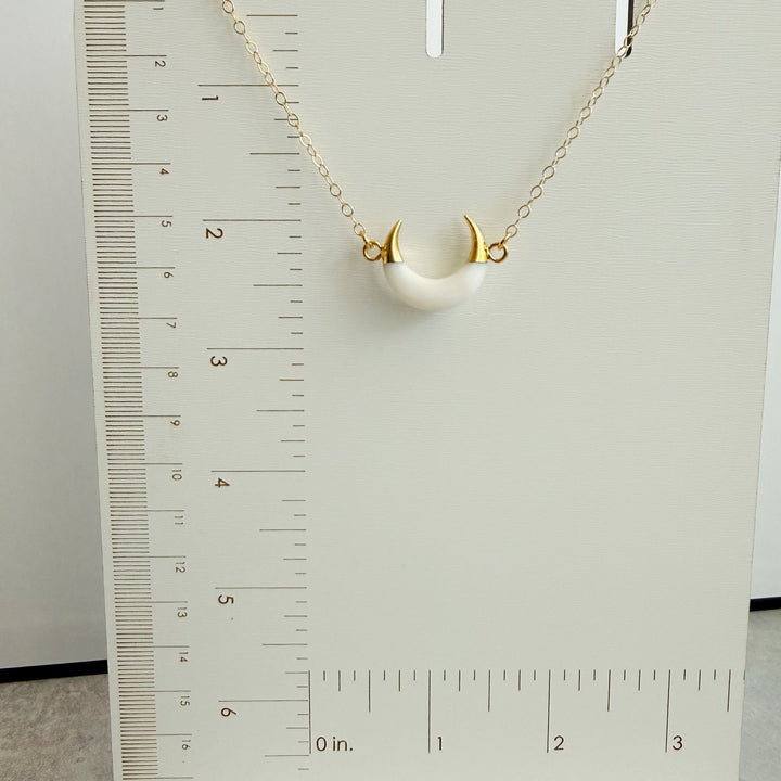 White Shell Crescent Necklace in Gold. White Horn Necklace.