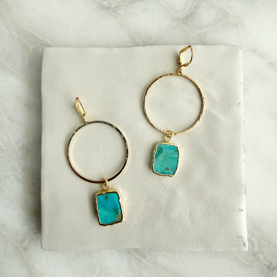 Freeform Turquoise Hoop Dangle Earrings in Brushed Gold
