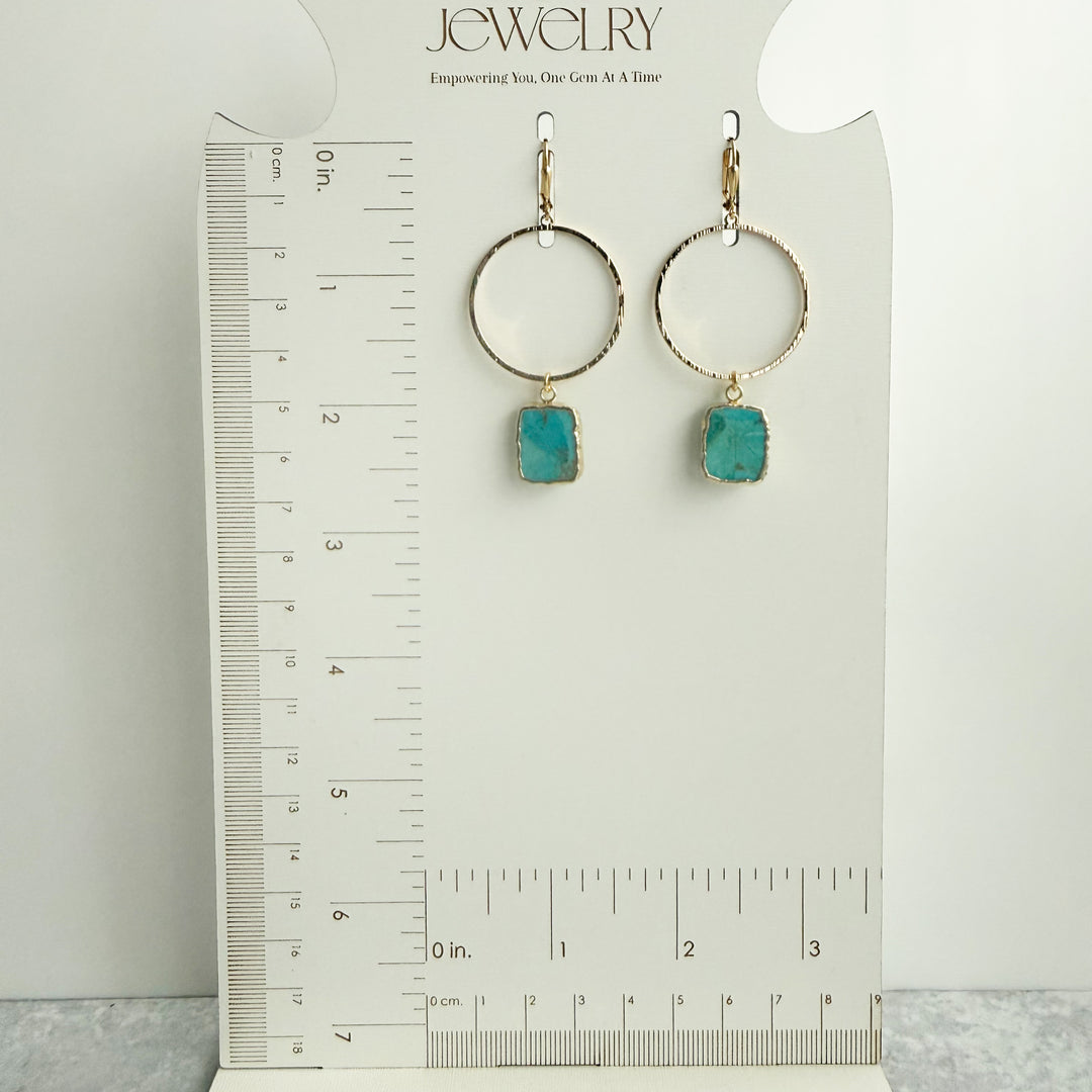 Freeform Turquoise Hoop Dangle Earrings in Brushed Gold