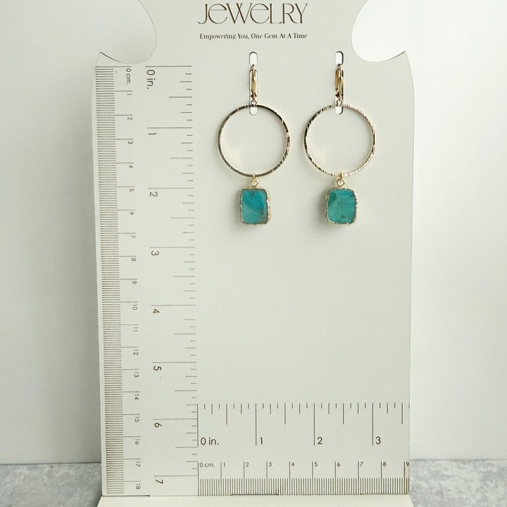 Freeform Turquoise Hoop Dangle Earrings in Brushed Gold