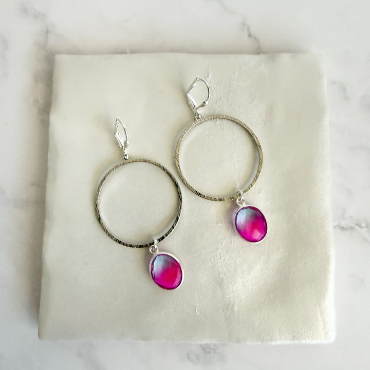 Pink Aura Quartz Hoop Dangle Earrings in Brushed Silver
