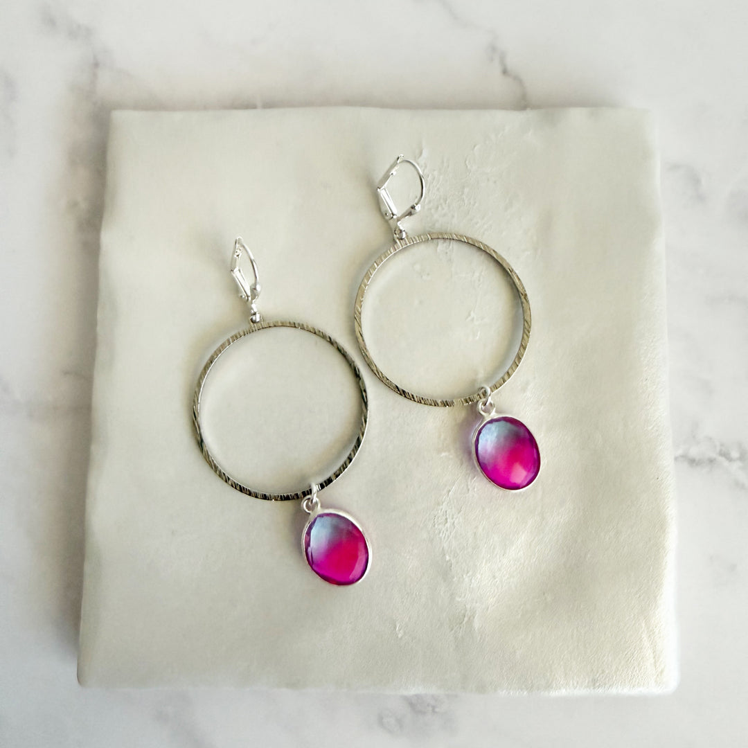 Pink Aura Quartz Hoop Dangle Earrings in Brushed Silver