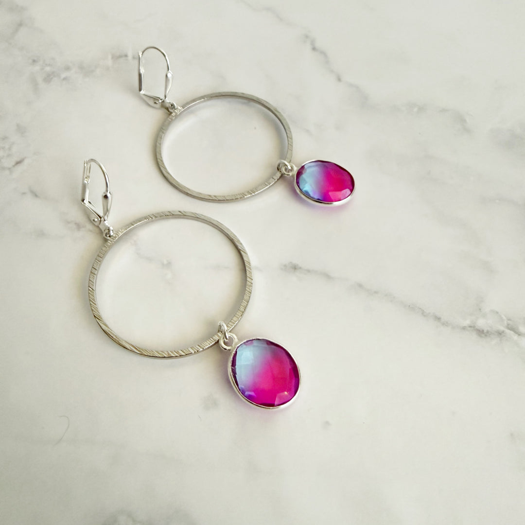 Pink Aura Quartz Hoop Dangle Earrings in Brushed Silver
