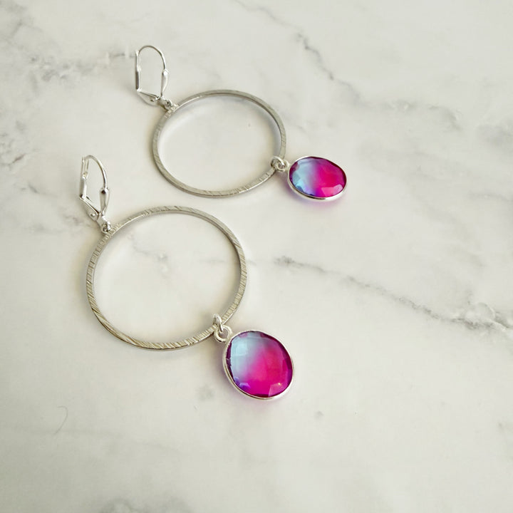 Pink Aura Quartz Hoop Dangle Earrings in Brushed Silver