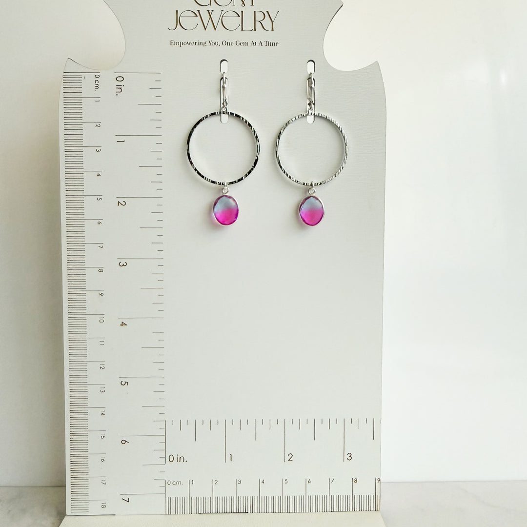 Pink Aura Quartz Hoop Dangle Earrings in Brushed Silver
