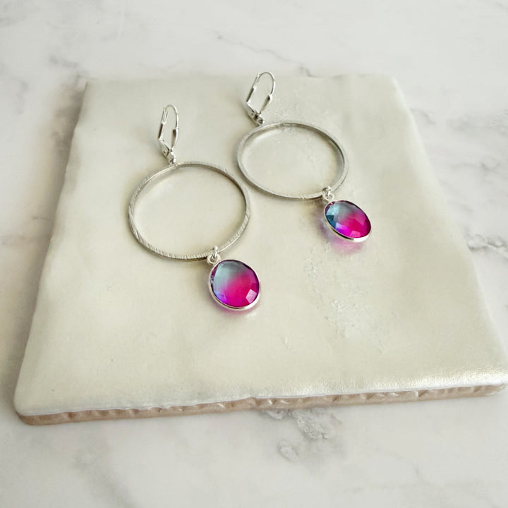 Pink Aura Quartz Hoop Dangle Earrings in Brushed Silver