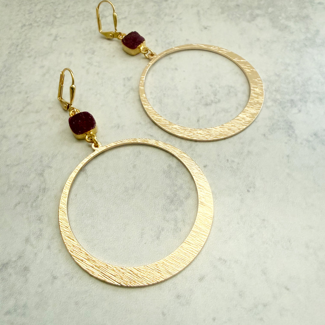 Large Dark Pink Druzy Hoop Earrings in Brushed Gold
