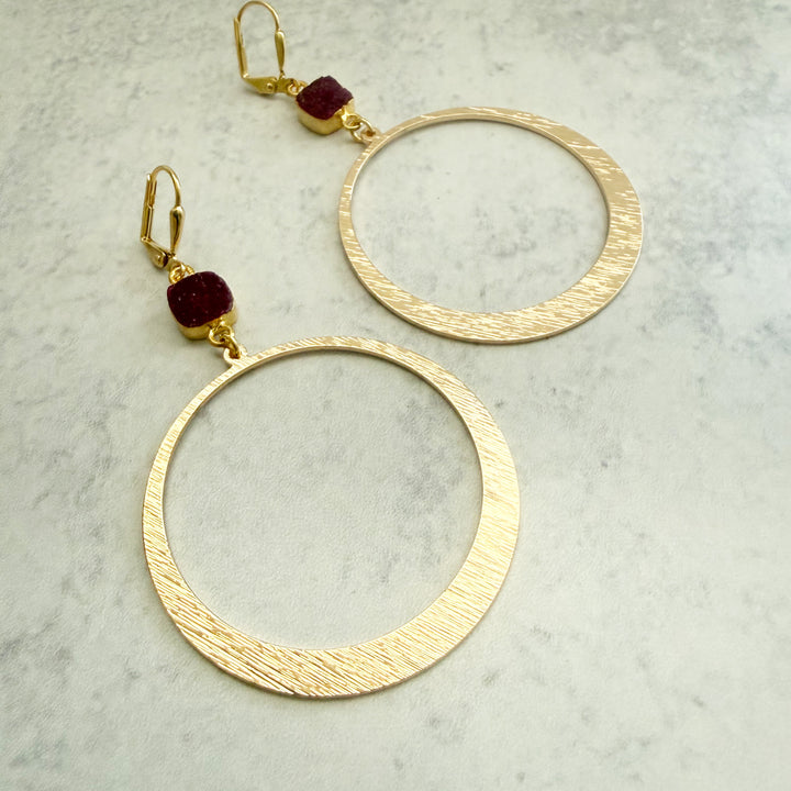 Large Dark Pink Druzy Hoop Earrings in Brushed Gold
