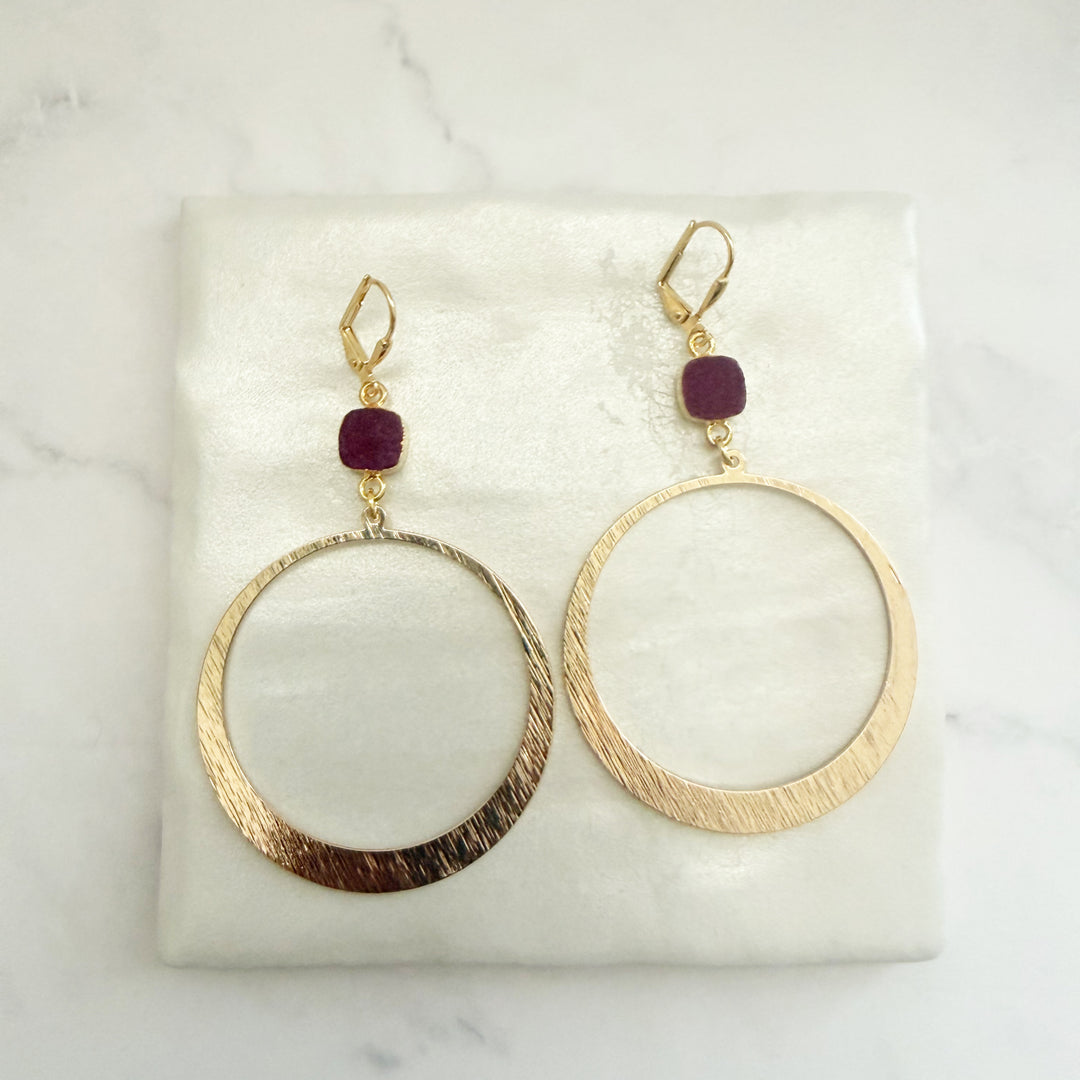 Large Dark Pink Druzy Hoop Earrings in Brushed Gold