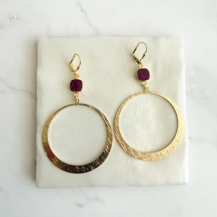 Large Dark Pink Druzy Hoop Earrings in Brushed Gold