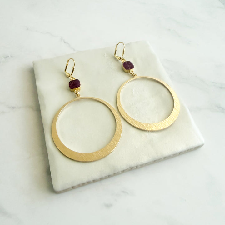 Large Dark Pink Druzy Hoop Earrings in Brushed Gold