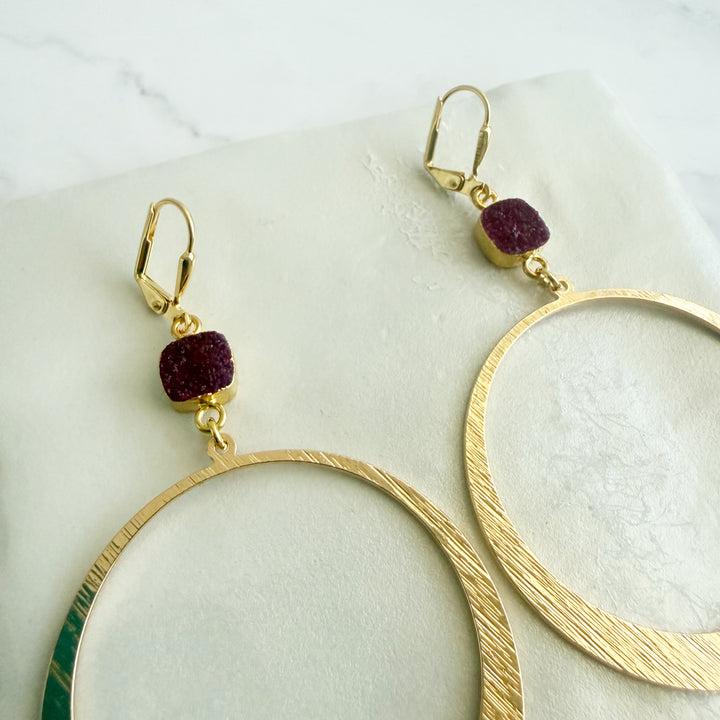 Large Dark Pink Druzy Hoop Earrings in Brushed Gold