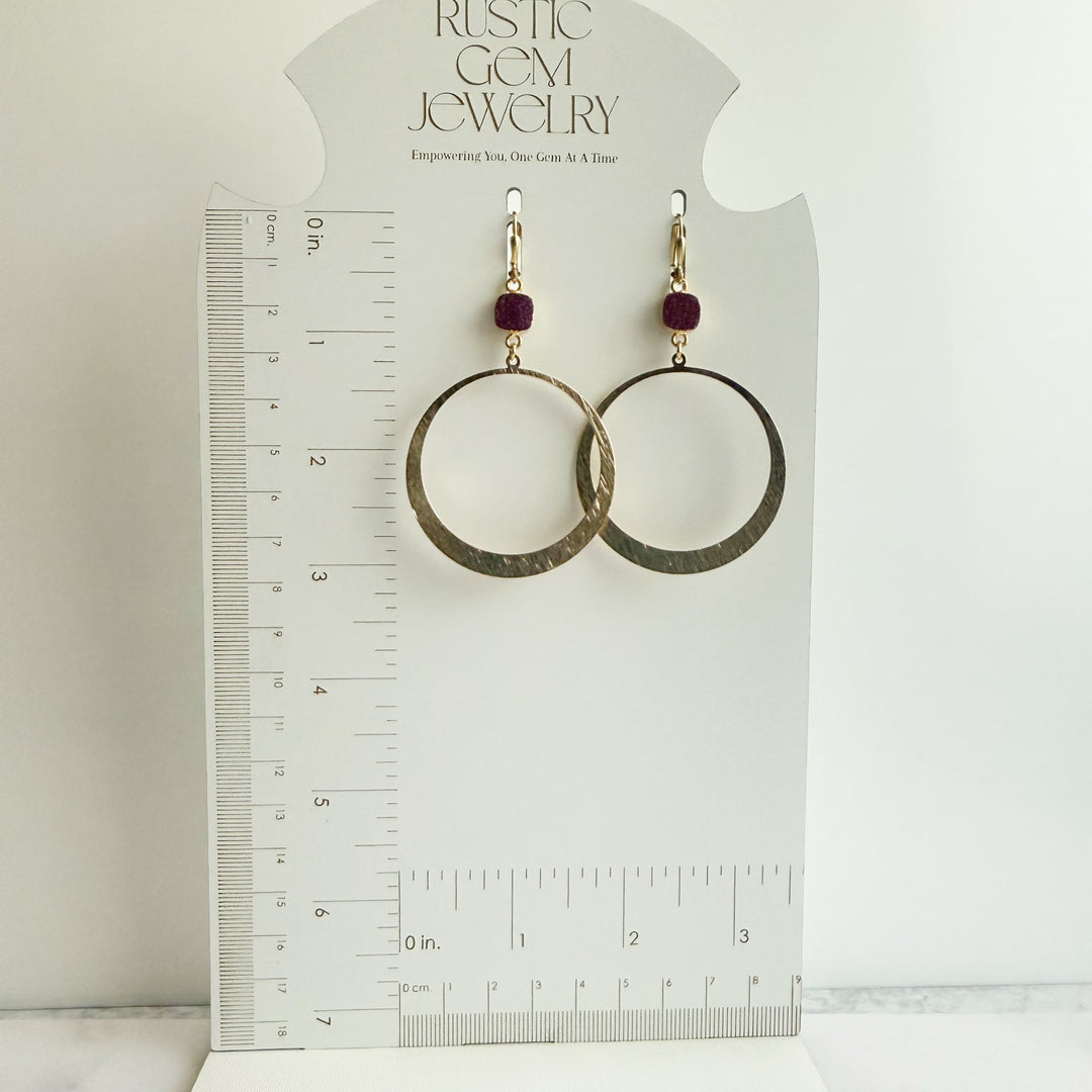 Large Dark Pink Druzy Hoop Earrings in Brushed Gold