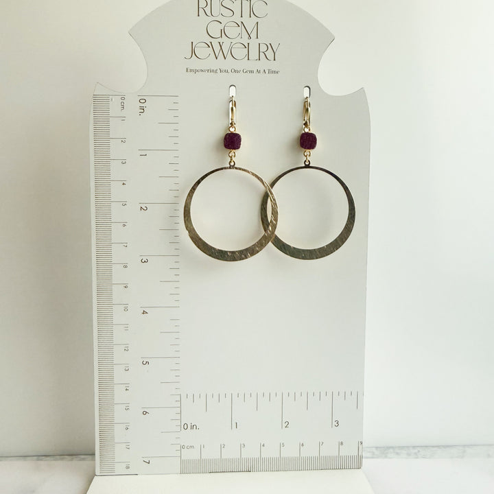 Large Dark Pink Druzy Hoop Earrings in Brushed Gold