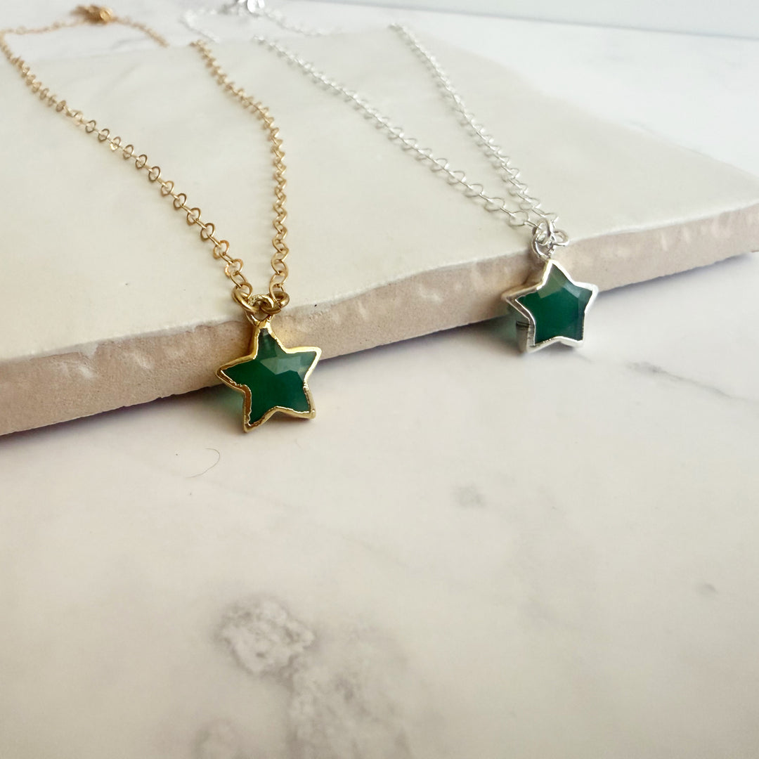 Green Onyx Star Necklace. Green Onyx Gemstone Star Necklace in Silver or Gold.  Dainty Layering Necklace.