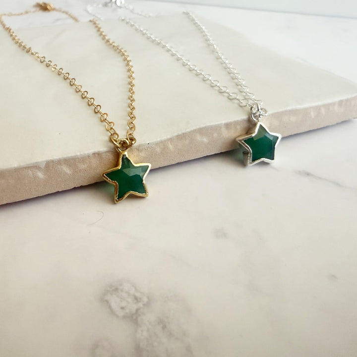 Green Onyx Star Necklace. Green Onyx Gemstone Star Necklace in Silver or Gold.  Dainty Layering Necklace.