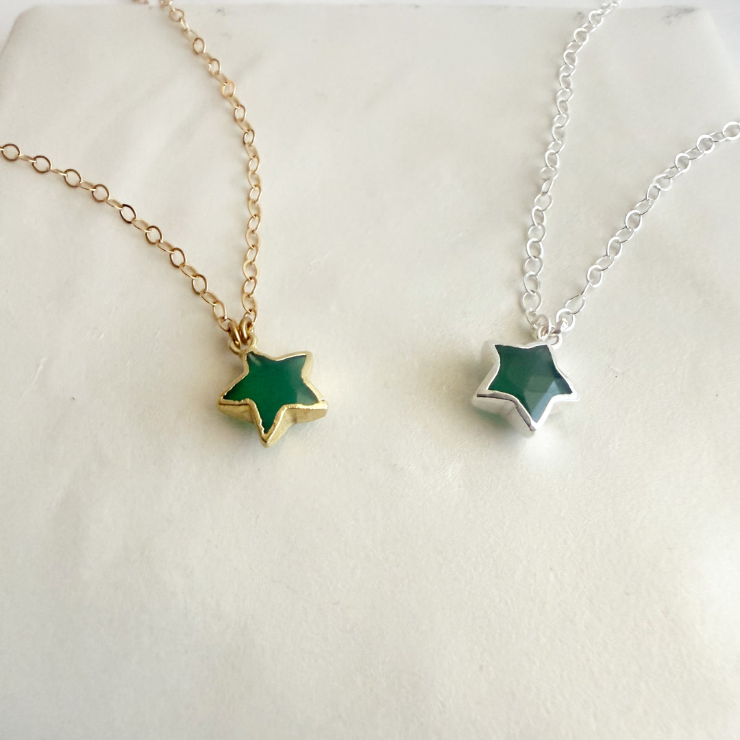 Green Onyx Star Necklace. Green Onyx Gemstone Star Necklace in Silver or Gold.  Dainty Layering Necklace.