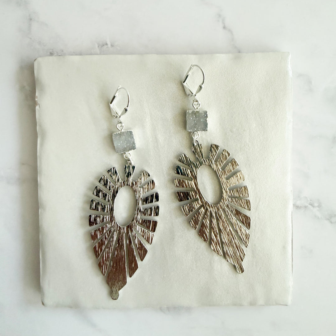 Gray Druzy Sunburst Statement Earrings in Brushed Gold