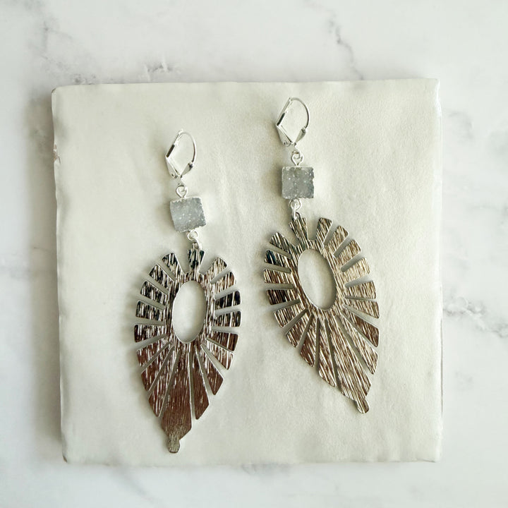 Gray Druzy Sunburst Statement Earrings in Brushed Gold