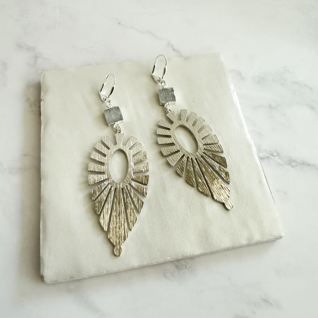 Gray Druzy Sunburst Statement Earrings in Brushed Gold
